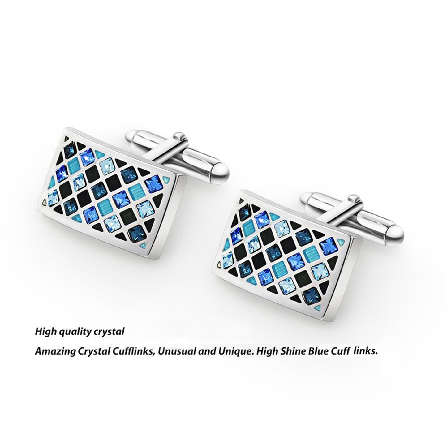 Crystal Cufflinks, Mr.Van Elegant Crystal Cufflinks Classic Fashion Rectangle Glimmering Cuff Links Set for Men's Business Wedding Party with Gift Box Elegant Style Blue