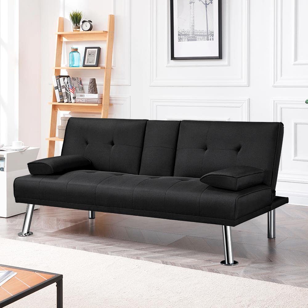 - Yaheetech Sofa Bed,Fabric Click Clack Sofa Bed with 2 Cup Holders, Convertible Bed Settee.
