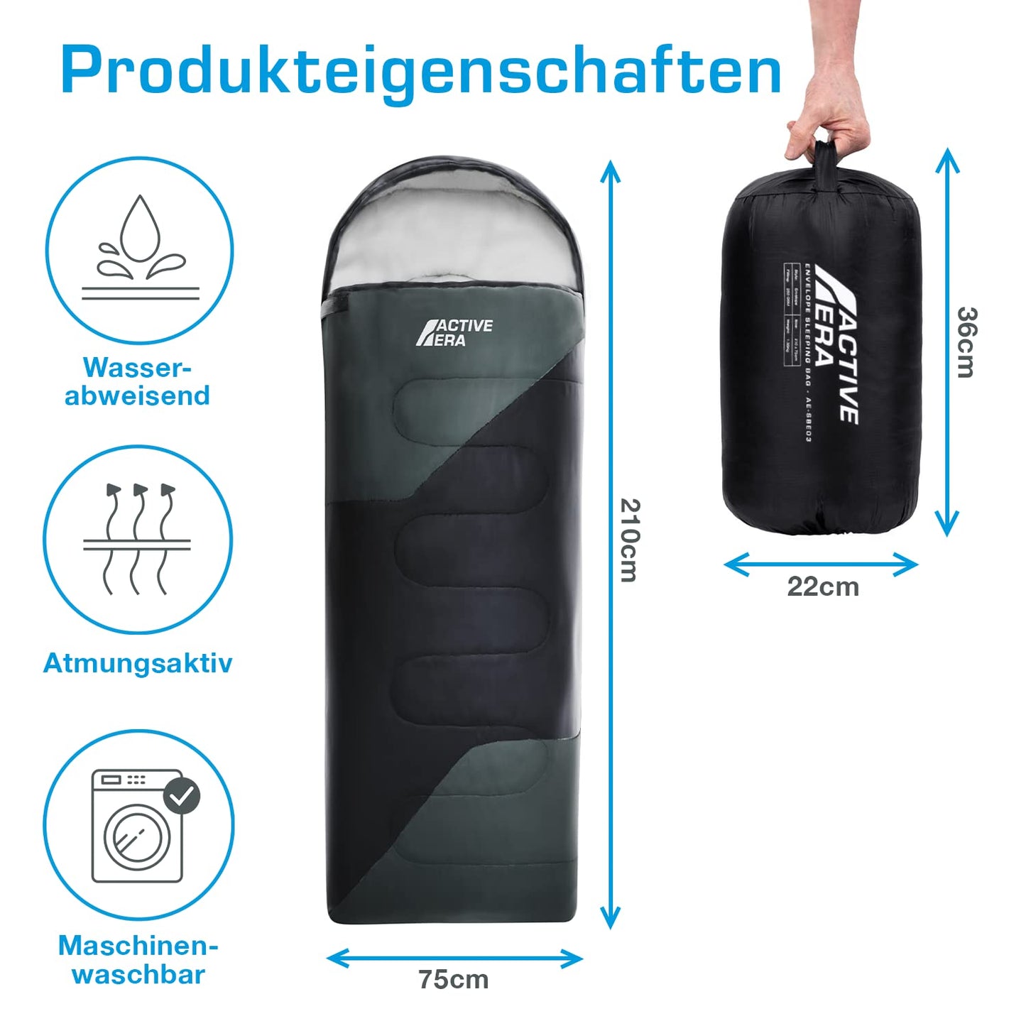 Active Era Premium Mummy Sleeping Bag 250 GSM, Sleeping Bag Winter & Summer, -11°C to 8°C, Indoor and Outdoor Camping, Festivals, Sleeping Bag Water-Repellent, Ultralight Small Pack Size - Black