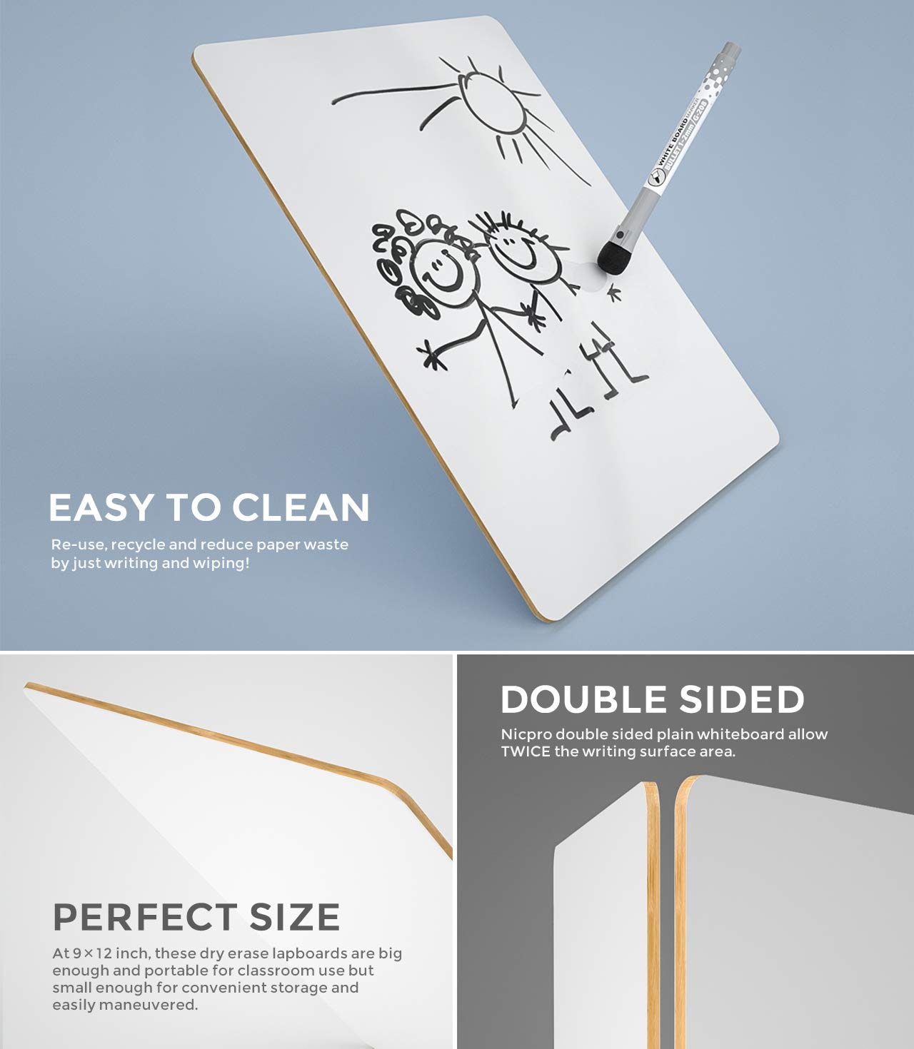 - Nicpro Dry Erase Mini Whiteboard | A4 | 22 x 30 cm Double Sided Lapboard -
