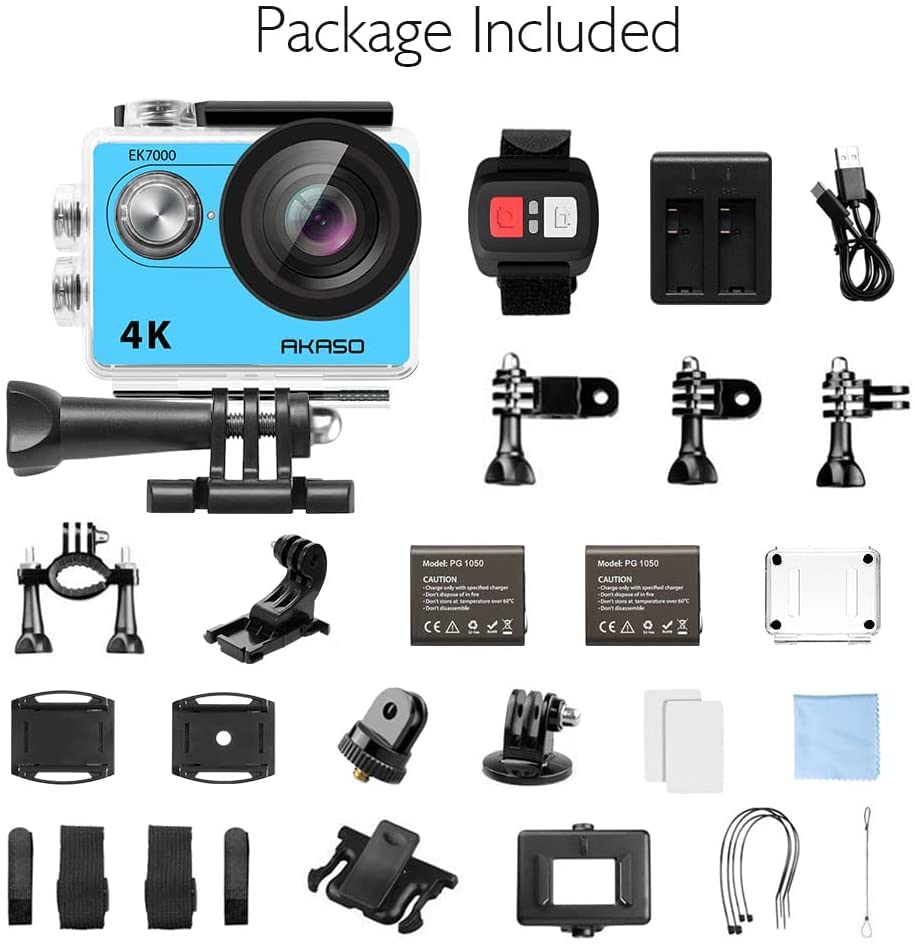 AKASO EK7000 4K30FPS Action Camera - 20MP Ultra HD Underwater Camera 170 Degree Wide Angle 98FT Waterproof Camera with Accessory Kit - Blue