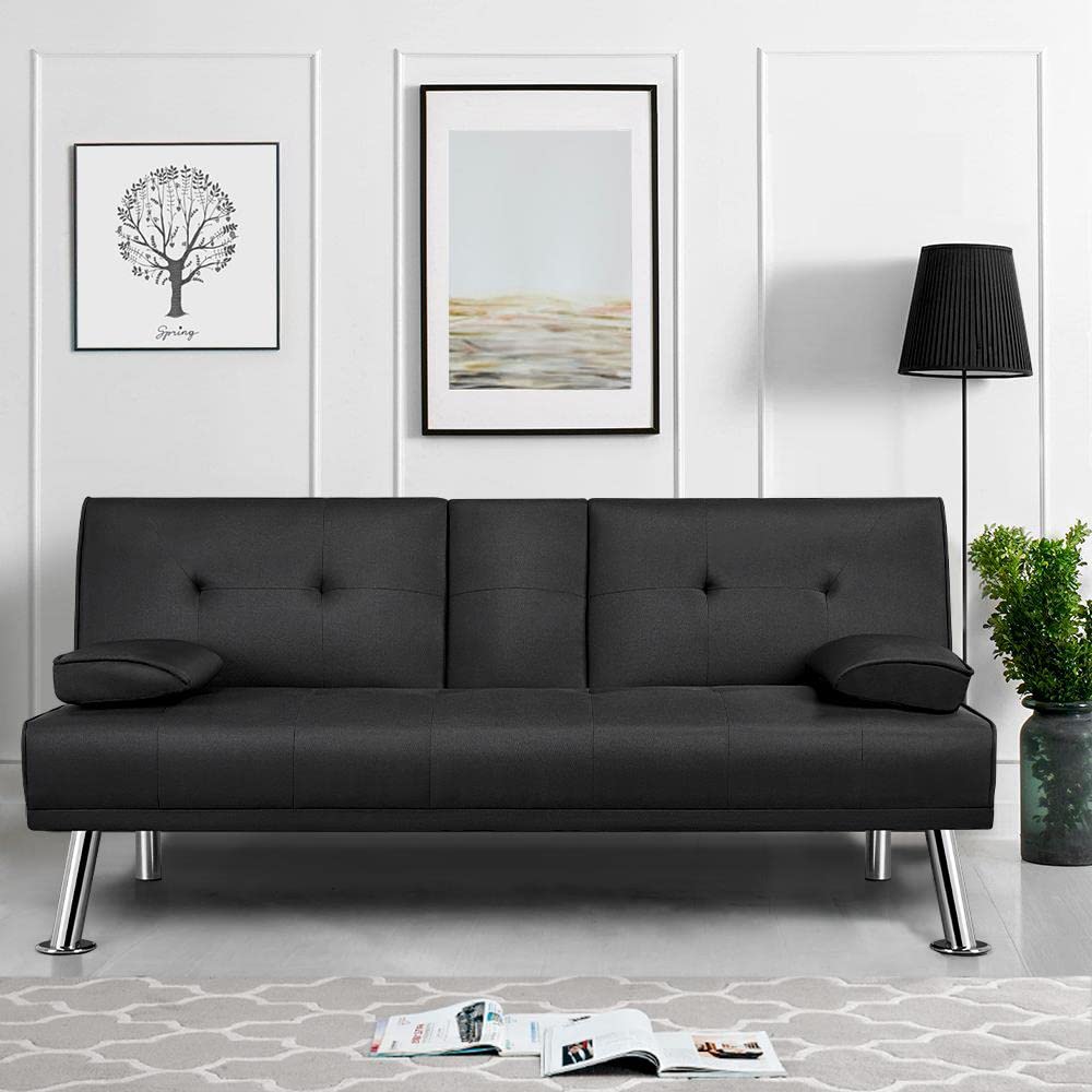 - Yaheetech Sofa Bed,Fabric Click Clack Sofa Bed with 2 Cup Holders, Convertible Bed Settee.