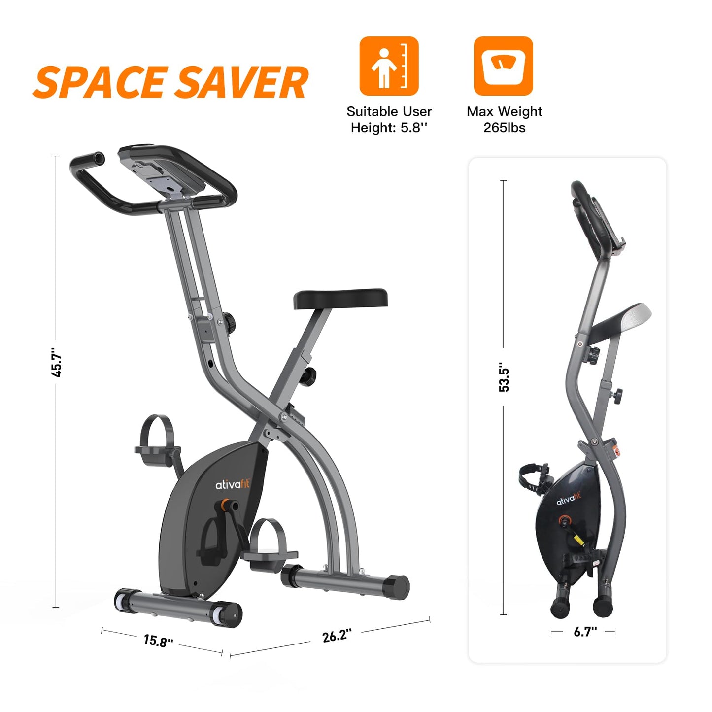 ATIVAFIT Exercise Bike Foldable Fitness Bike Magnetic Foldable Indoor Cycling Bike 3-In-1 Foldable Exercise Bike for Home Use with Resistance Bands Home Workout Exercise Equipment Grey