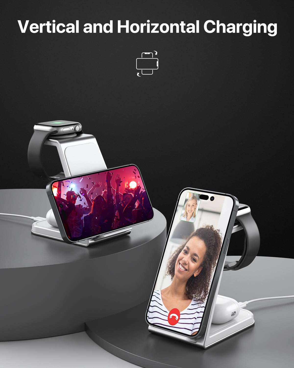 3 in 1 Wireless Charging Station,Aluminum Alloy Wireless Charger for Apple Devices,15W Fast Wireless Charging Stand for iPhone 15/14/13/12/11/8,Phone and Watch Charger Stand for Apple Watch,Airpods
