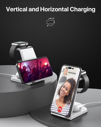3 in 1 Wireless Charging Station,Aluminum Alloy Wireless Charger for Apple Devices,15W Fast Wireless Charging Stand for iPhone 15/14/13/12/11/8,Phone and Watch Charger Stand for Apple Watch,Airpods