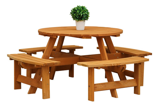 - Maribelle 8 Seater Stained Pine Round Wooden Bench/Picnic Table | For Garden, Pub, Patio -