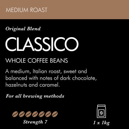 Caffè Nero Classico Whole Coffee Beans - Medium Roast - 1KG (1 x 1KG Coffee Bag)