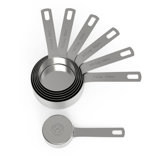 Chef Pomodoro Stainless Steel Measuring Cups, 7-Piece Set, Sturdy Long Handles, Nesting and Stackable, Metal Kitchen Spoons for Wet and Dry Ingredients