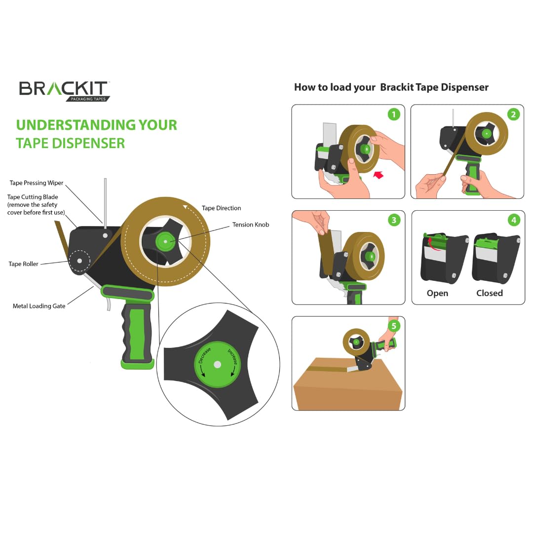 Bracket Tape Gun, Pack of 6 Clear Rolls 48mm x 66m Strong Heavy Duty Packing Tape for Regular Use or Moving – Easily Seals Your Parcels and Boxes