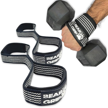 BEAR GRIP - Premium Figure 8 weight lifting straps (sold in pairs) (Black/White)