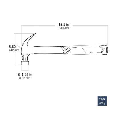 - T TOPBUILT | Curved Claw Hammer | 20oz | Forged Steel and Fiberglass Shock Resistant Non Slip Handle -