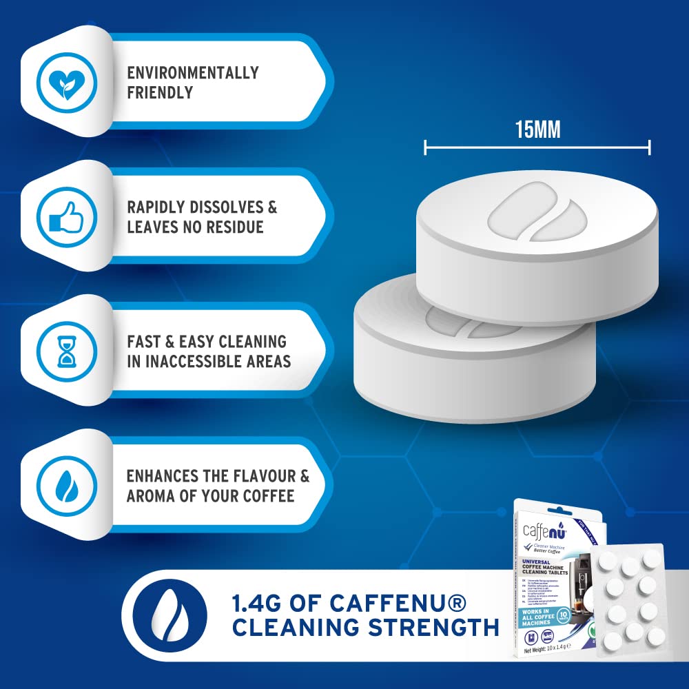 Caffenu | Coffee Machine Cleaner Tablets | 10 x 1.4g Tablets | Use every 100 cups | Auto, Filter & Espresso Machine Cleaning Tablets | used with Descaling