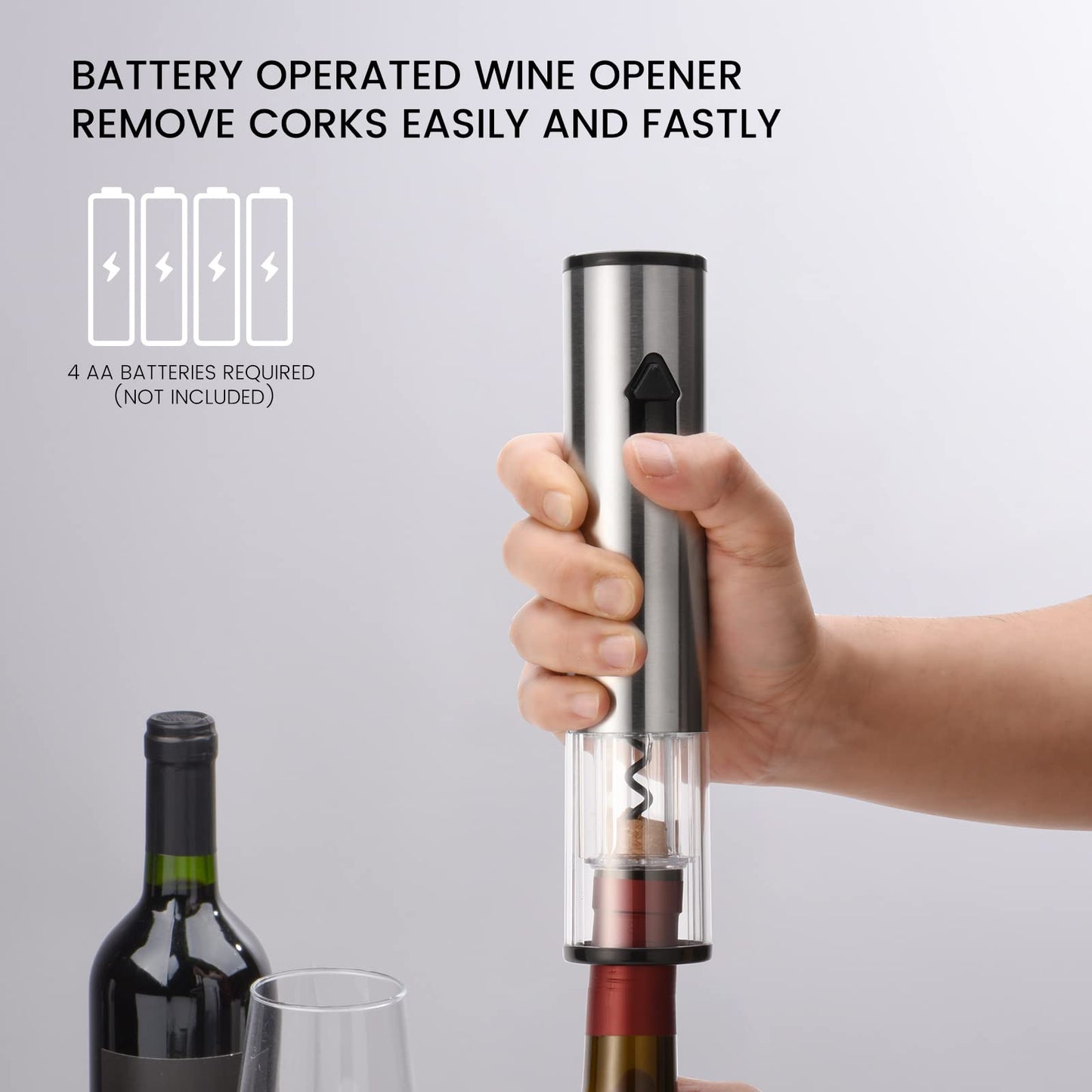 CIRCLE JOY Electric Wine Opener Battery Operated Wine Bottle Openers Stainless Steel Corkscrew with Foil Cutter, Silver