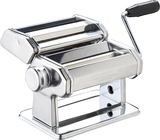 -World of Flavours Pasta Maker, Manual Pasta Machine with 9 Adjustable Thickness, Italian Deluxe Double Cutter, Stainless Steel