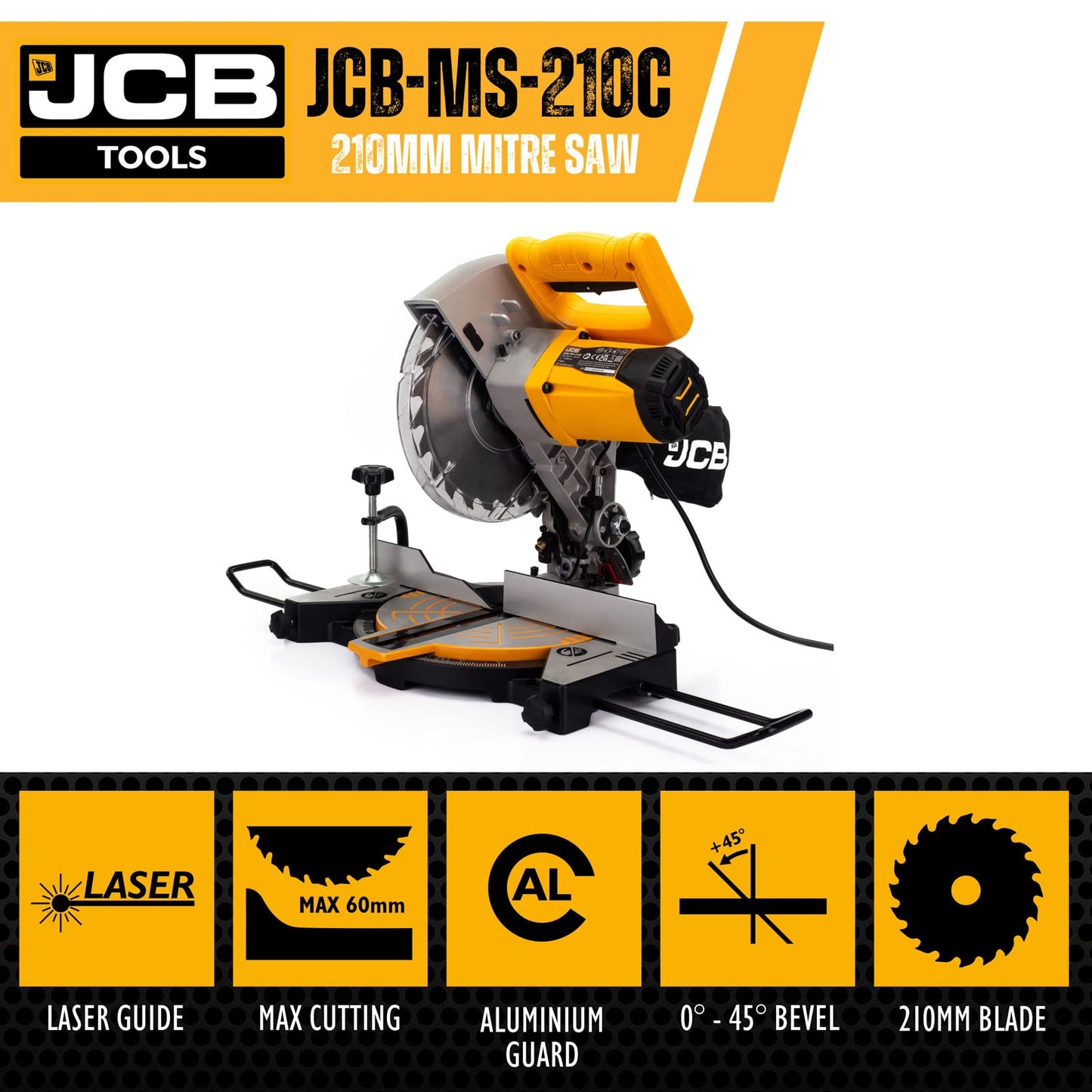 - JCB 210mm Mitre Saw with Laser Guide | 4 Cut Settings & Dust Collection Feature | 45 Degrees | 5500rpm | Soft Grip Handle -