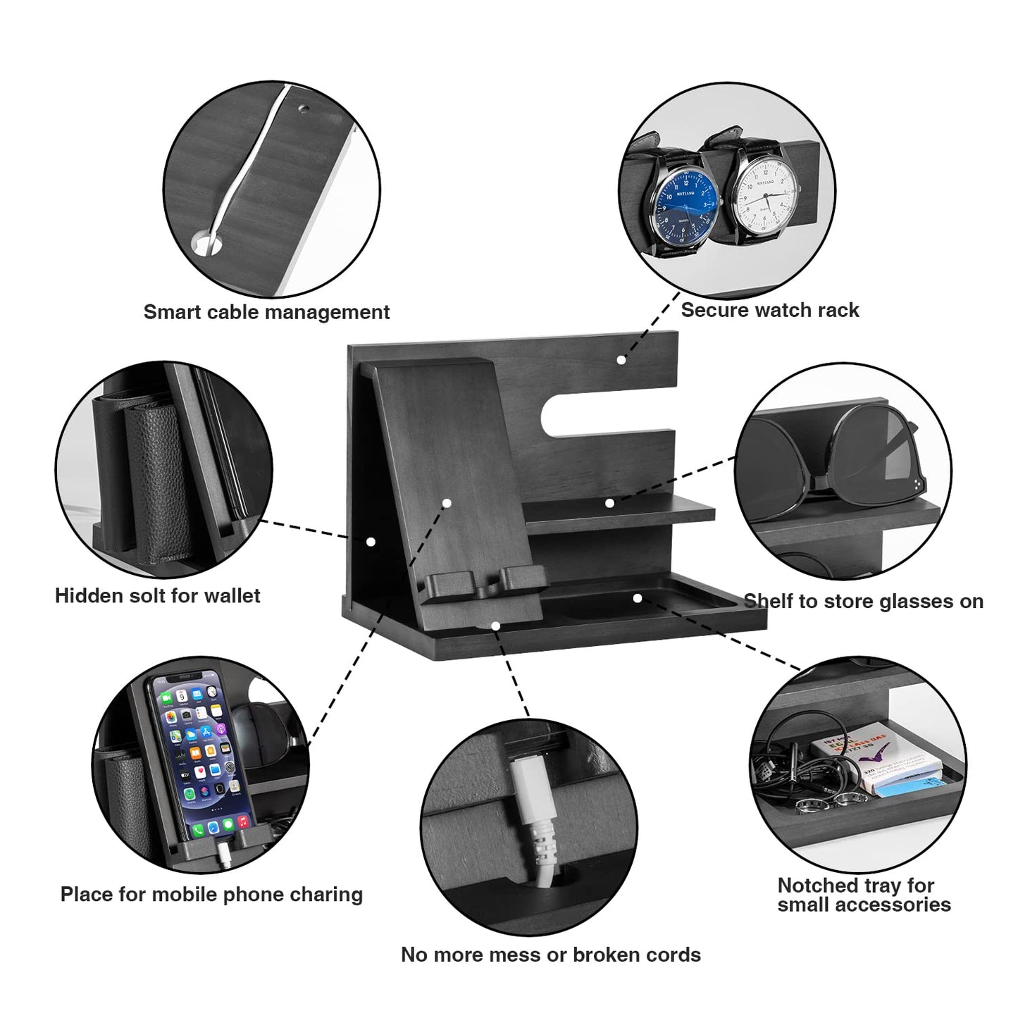 Birthday Gifts for Men who have everything Dad Gifts Wood Phone Docking Station for Men Bedside Table Organiser for Him Gifts for Dad Mens Gifts for Husband Presents for Men Bedside Gadget Organiser