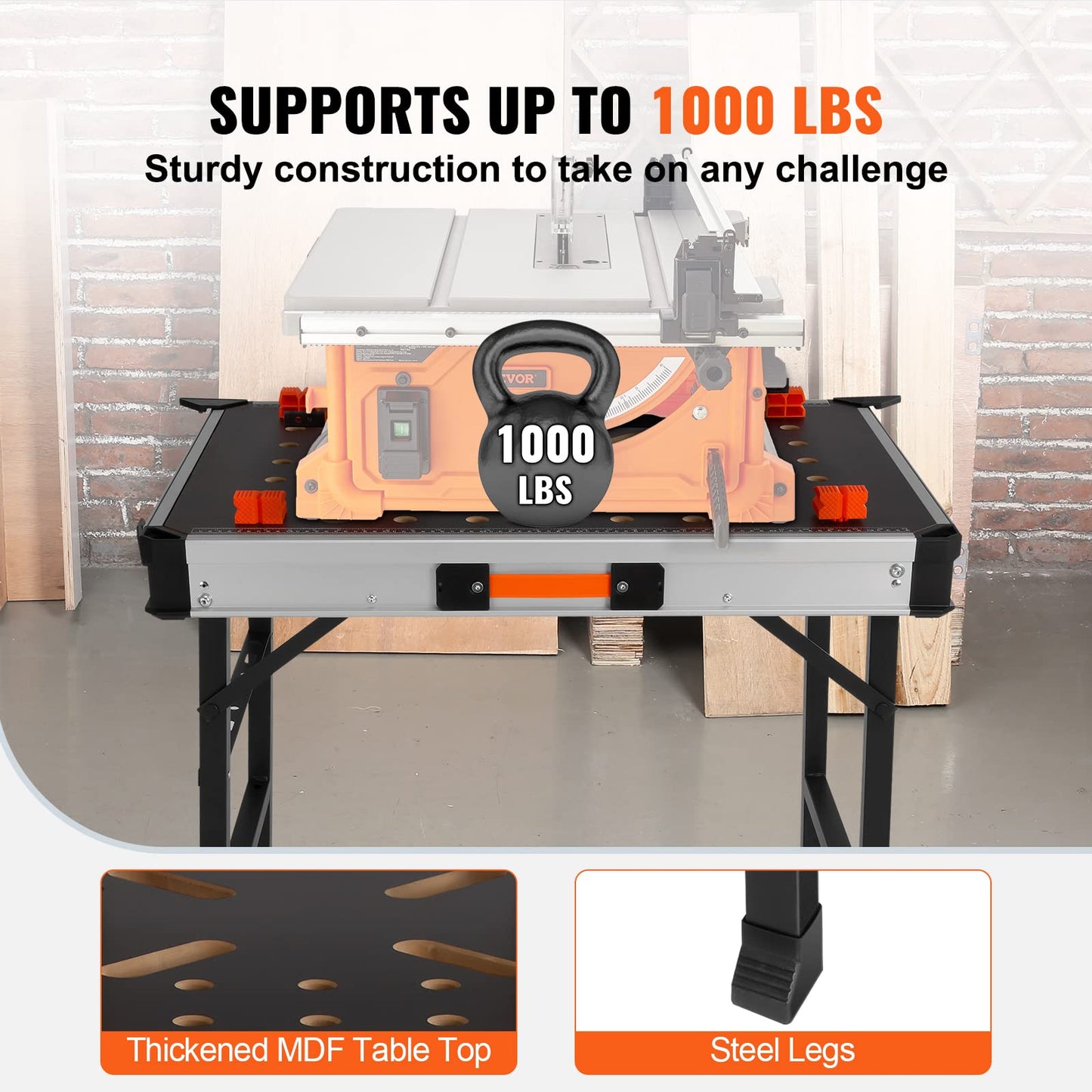 - VEVOR Folding Work Table, 2-in-1 as Sawhorse & Workbench, 1000 lbs Load Capacity -