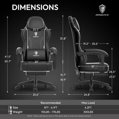- Dowinx Gaming Chair with Footrest | Gaming Chair for Adults | Ergonomic Gaming Chair with Pocket Spring Cushion and Massage Lumbar Support | High Back | 200kg Black -