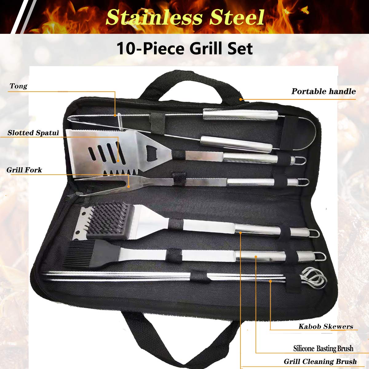 10PCS BBQ Grill Tool Set, GQC Stainless Steel Barbecue Grilling Utensils Kit with Carry Bag, Spatula, Tongs and Fork BBQ Tool Accessories for BBQ Cooking Outdoor Camping