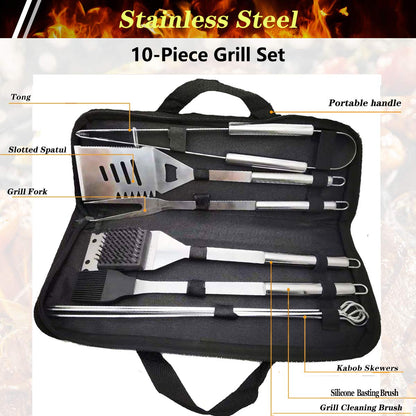 10PCS BBQ Grill Tool Set, GQC Stainless Steel Barbecue Grilling Utensils Kit with Carry Bag, Spatula, Tongs and Fork BBQ Tool Accessories for BBQ Cooking Outdoor Camping