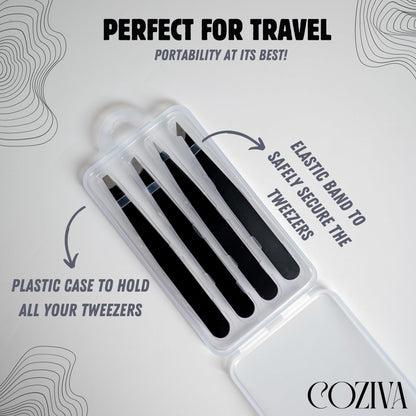 Coziva Professional Tweezers for Facial Hair Women & Men- 4 Pcs Precision Tweezer Set- Stainless Steel Eyebrow Tweezers Men - Ingrown Hair Tweezers for Facial Hair Removal & Grooming Needs