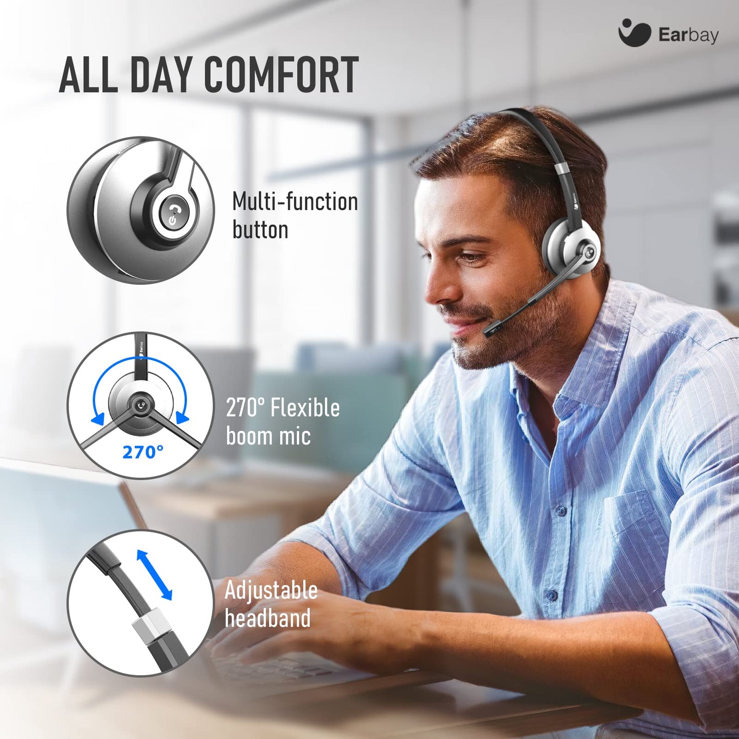 - Earbay Bluetooth Headset | Wireless Headset with Mic Noise Canceling | Stereo PC Headphones with Microphone Mute -