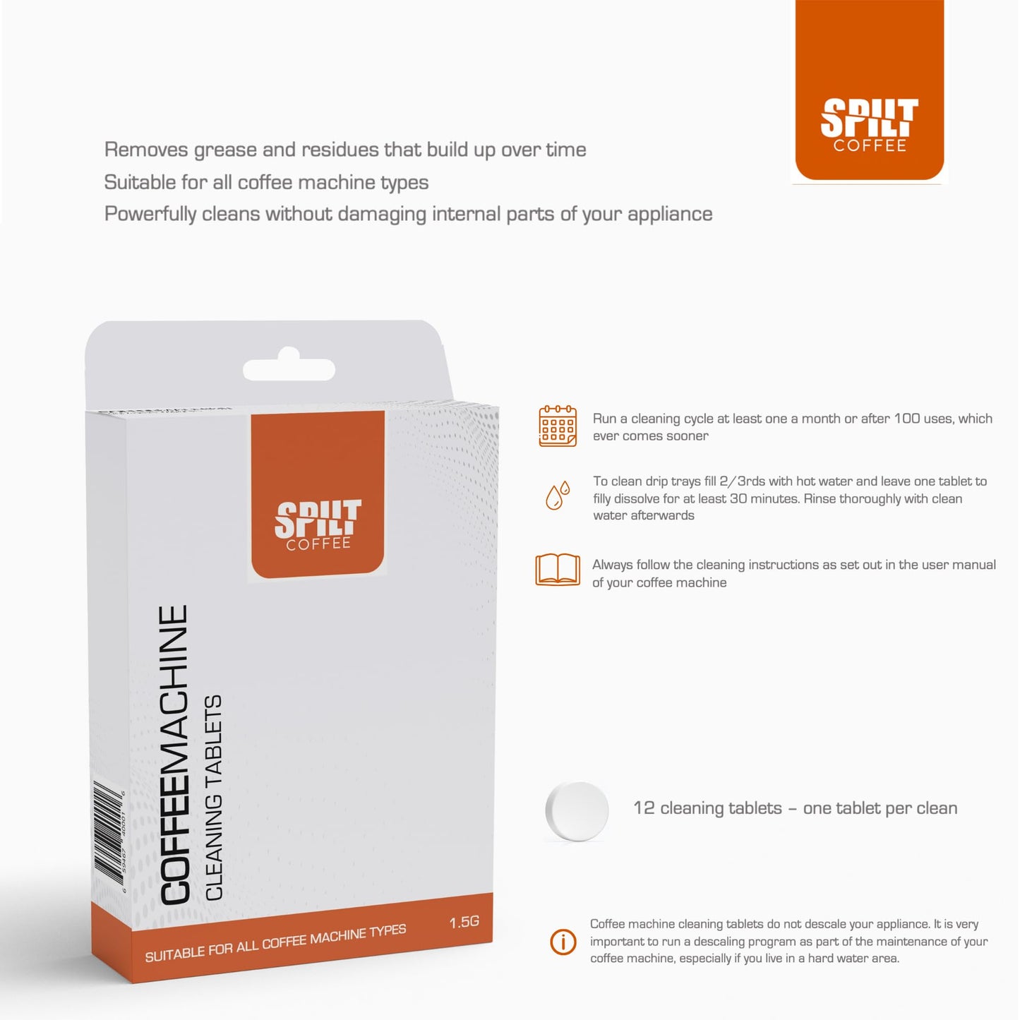 Coffee Machine Cleaning Tablets | 12 X 1.5 gram tablets | Powerfully cleans and degreases | Suitable for all coffee machine types | Improves appliance performance and the taste of your coffee