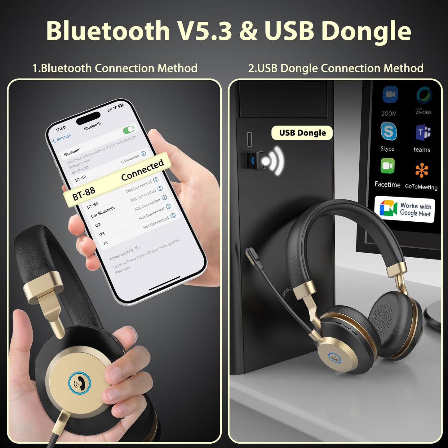 - Earbay Wireless Headset | Headphones with Microphone Noise Canceling | 45H Work Time | V5.3 Bluetooth Headset with Mic Mute & USB Dongle -
