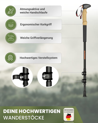 ALPENWERT Hiking Poles [Carbon & Aluminium] Walking Poles for Men and Women - Telescopic Trekking Poles with Cork Handle for Hiking, Nordic Walking and Ski Touring (Aluminium)