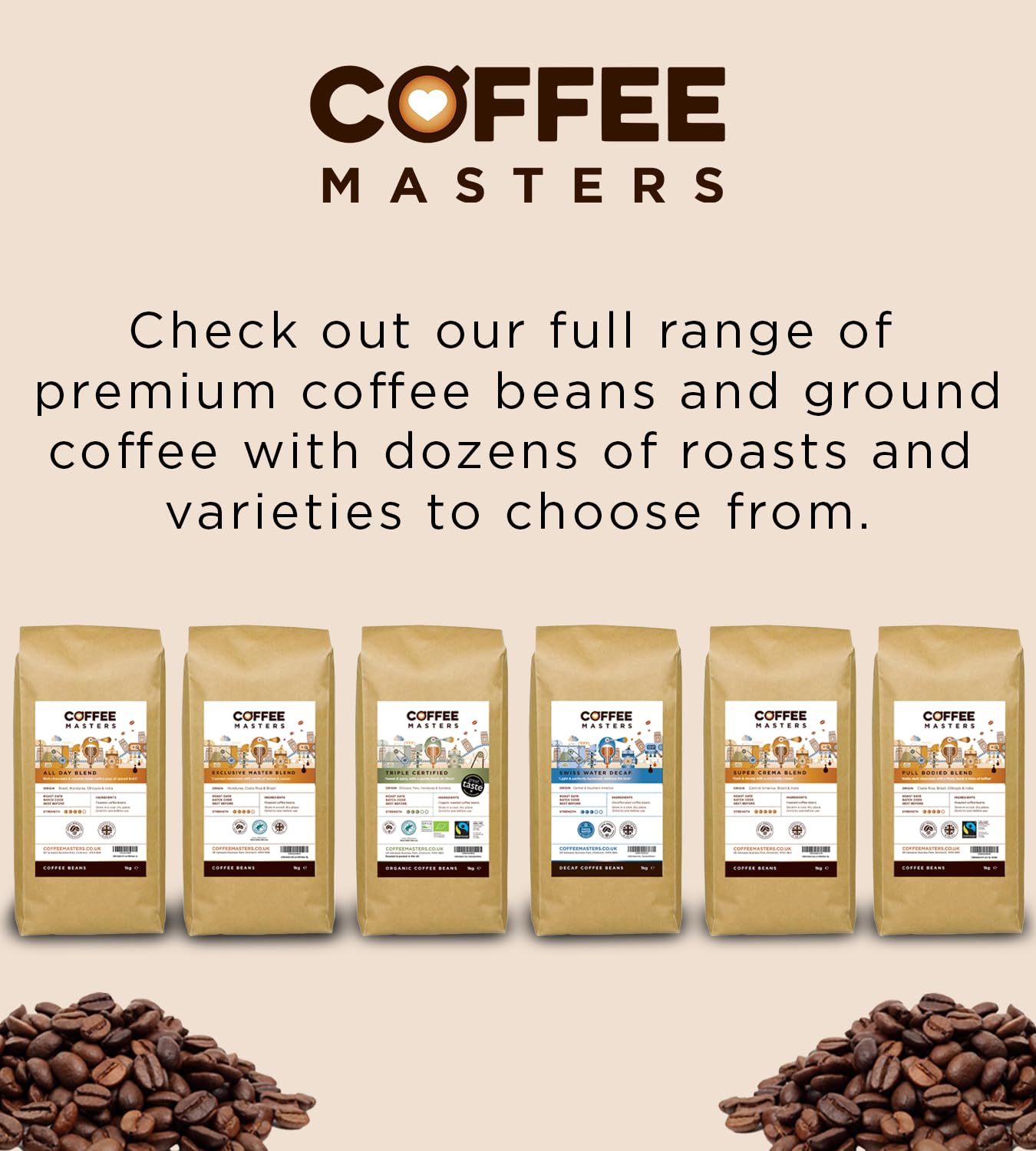 Coffee Masters All Day Blend Espresso Coffee Beans 1kg - Medium Roast for Strong and Full Bodied Espresso - Whole Coffee Beans Ideal for Espresso Machines