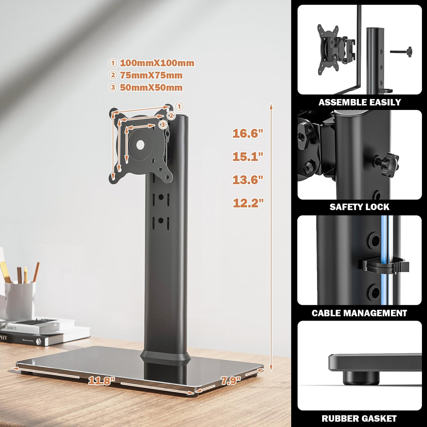 - Single LCD Computer Monitor Free-Standing Desk Stand Riser | 13 inch to 32 inch Screen -