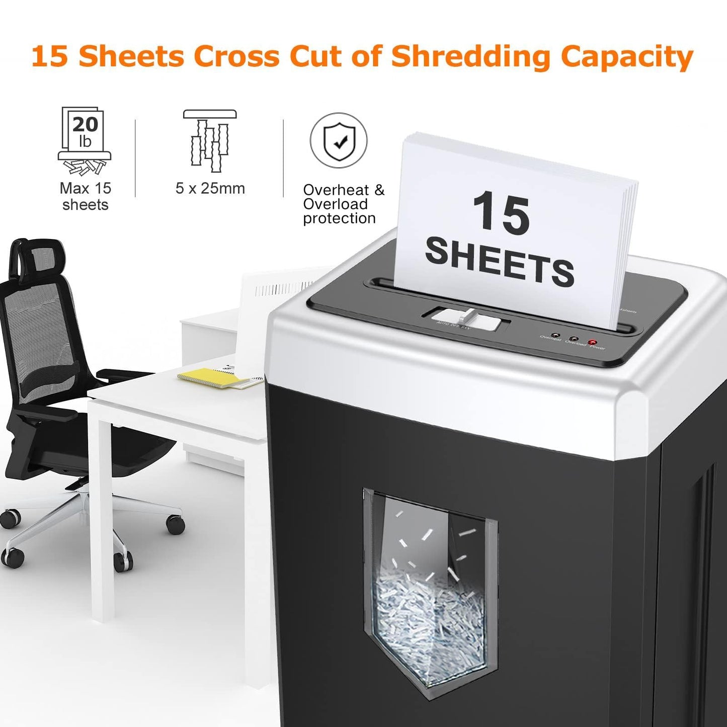 Bonsaii 15-Sheet Cross Cut Paper Shredder for Office, Heavy Duty Shredder for CD/Card, 30-Minute Working Time, 60dB Quiet Shredder with Jam Proof System, 18L Pullout Bin, C169-B (Overall Packaging)