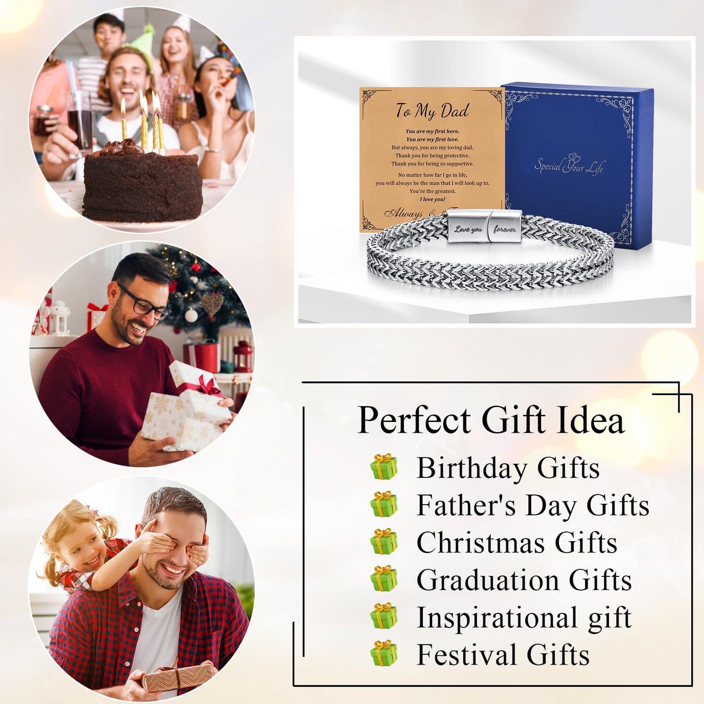 Dad Gifts for Father's Day - 8.5 Inches Stainless Steel Franco Chain Bracelet Engraved Love You Forever, Men's Bracelets Present for Daddy from Daughter Son Wife, Gift for Dad Birthday Christmas