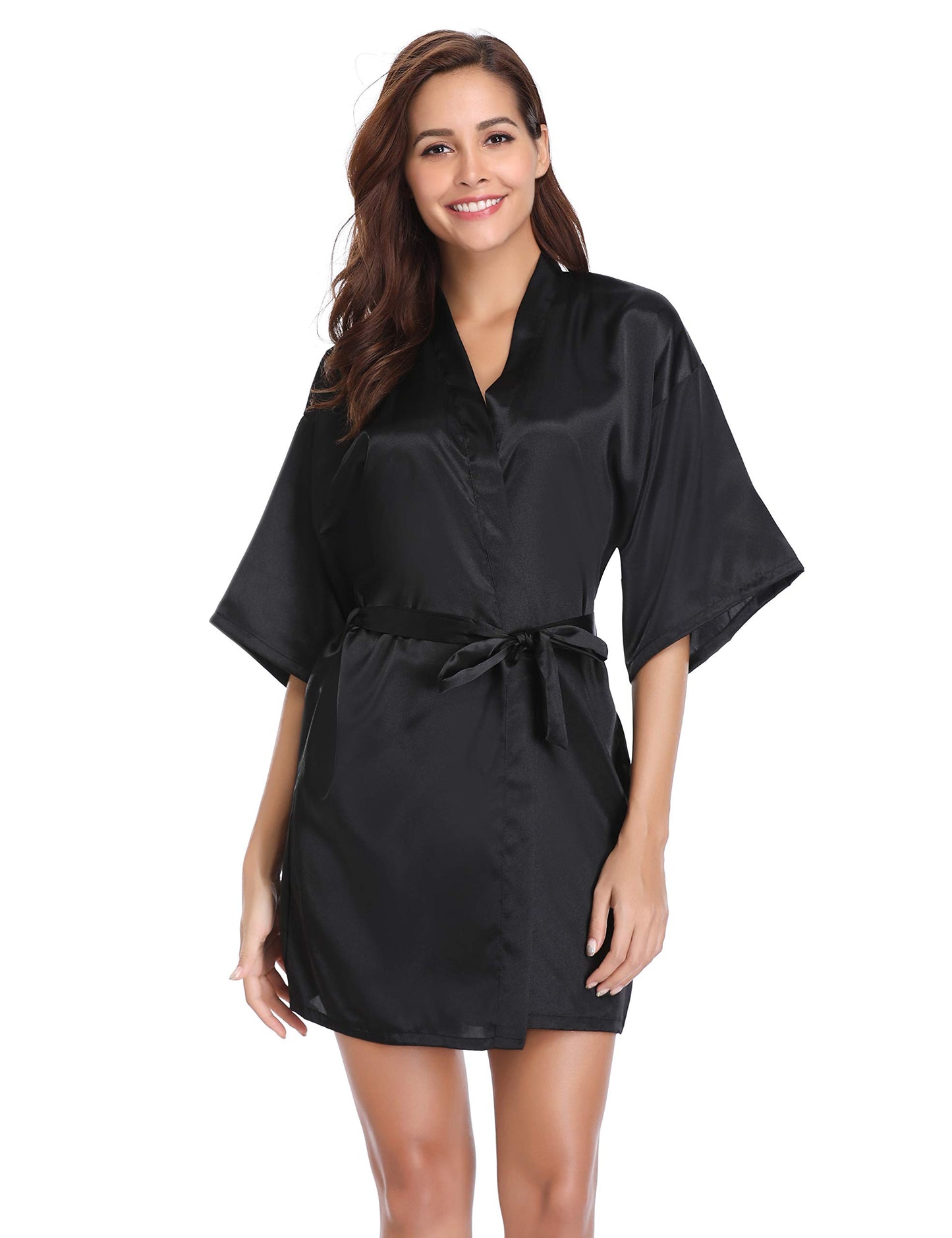 - Vlazom Women's Kimono Robes Dressing Gown Satin Bathrobe Nightdress Pure Colour Short Style with Oblique V-Neck -