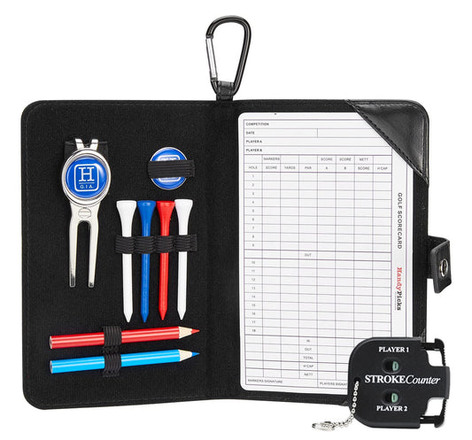 - Handy Picks Golf Scorecard Holder n Yardage Book Cover | Divot Repair Tool | Ball Marker | Golf Tees | Scorer | Pencil n Scorecards Included -