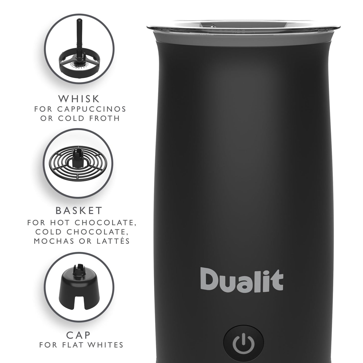- Dualit Handheld Milk Frother |  One Touch Operation | Removable Whisk for Easy Cleaning | Cordless | Non-Stick | 340 ml Black -