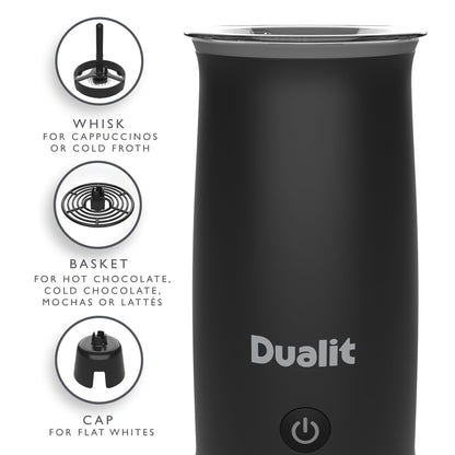 - Dualit Handheld Milk Frother |  One Touch Operation | Removable Whisk for Easy Cleaning | Cordless | Non-Stick | 340 ml Black -
