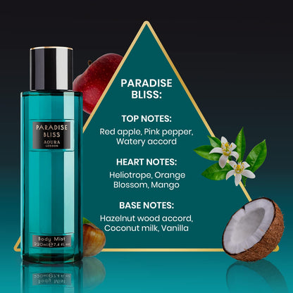 Aoura London Womens Pretty Woman, Paradise Bliss, Love Rush Body Mist Mixed Fragrance Spray 220ml Bundle (Pack of 3)