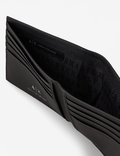 Armani Exchange Men's Plate Logo Saffiano Leather Bifold Wallet Fold, Black, S