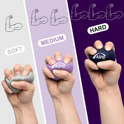 AIPIE 3 Stress Ball Hand Strength Trainer Physiotherapy 1 Soft 1 Medium 1 Hard Gel Massage Balls for Adult Anxiety Relief Comfort Grip Resistance Training Finger Palme Wrist Fidget Gift Set, Purple