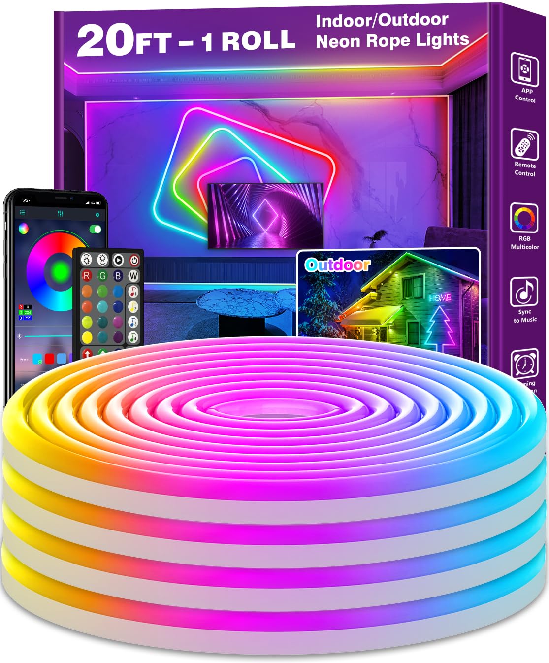 AILBTON 6m Neon Rope Lights, Flexible LED Cord Lights Controlled with App/Remote, Multiple Modes, IP65 Outdoor RGB Neon Lights Waterproof, Music Sync Led Neon Light Strip for Bedroom Decoration