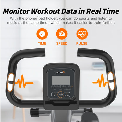 ATIVAFIT Exercise Bike Foldable Fitness Bike Magnetic Foldable Indoor Cycling Bike 3-In-1 Foldable Exercise Bike for Home Use with Resistance Bands Home Workout Exercise Equipment Grey