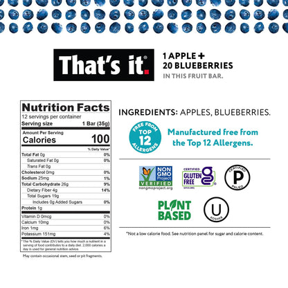 - That's it | Apple + Blueberry 100% Natural Real Fruit Bar | Best High Fiber | Vegan | Gluten Free Healthy Snack -