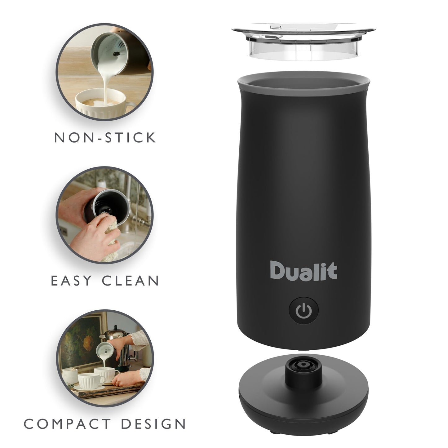 - Dualit Handheld Milk Frother |  One Touch Operation | Removable Whisk for Easy Cleaning | Cordless | Non-Stick | 340 ml Black -