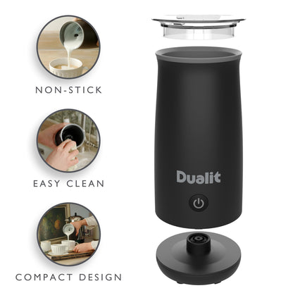 - Dualit Handheld Milk Frother |  One Touch Operation | Removable Whisk for Easy Cleaning | Cordless | Non-Stick | 340 ml Black -