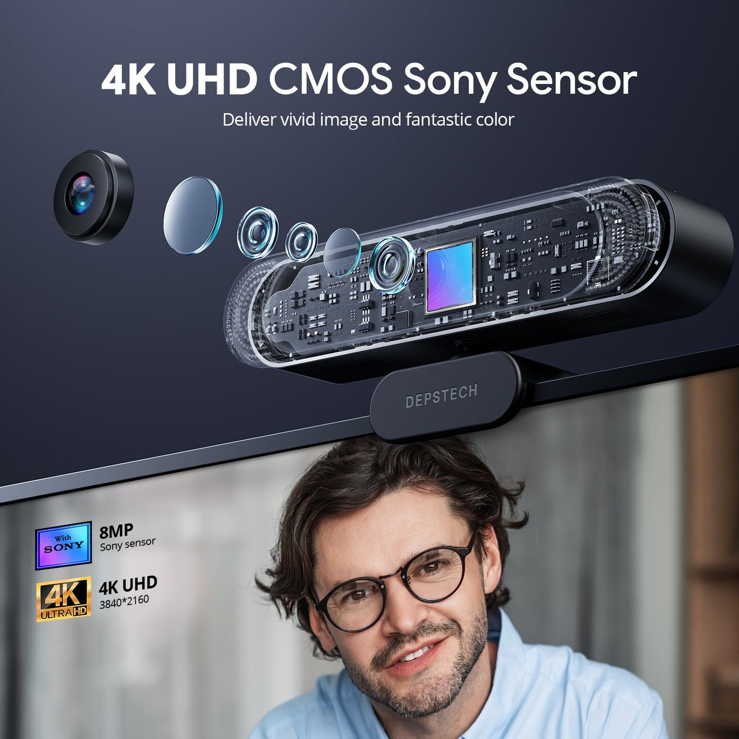 DEPSTECH 4K Webcam, Ultra HD 1/2.55'' Sony Sensor, 3x Digital Zoom, Dual Noise-Canceling Microphones, Remote Control, Auto Focus, Streaming Camera Webcam for PC, Laptop, Video Call, Zoom, Skype, Teams