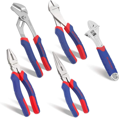 - WORKPRO 5-Piece Pliers Set, Includes 250nn Water Pump Plier, 200mm Combination Plier, 200mm Long Nose Plier, 180mm Diagonal Cutter, 200mm Adjustable Wrench, with Soft Grip Handles
