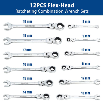 - SORAKO Ratchet Spanner Set 12pcs | Flexible Combination Wrench 8-19 mm -