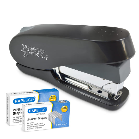 - Rapesco 1466 Germ-Savvy Antibacterial | ECO Luna Less Effort Stapler | 2000 Staples | 50 Sheet Capacity | Black -