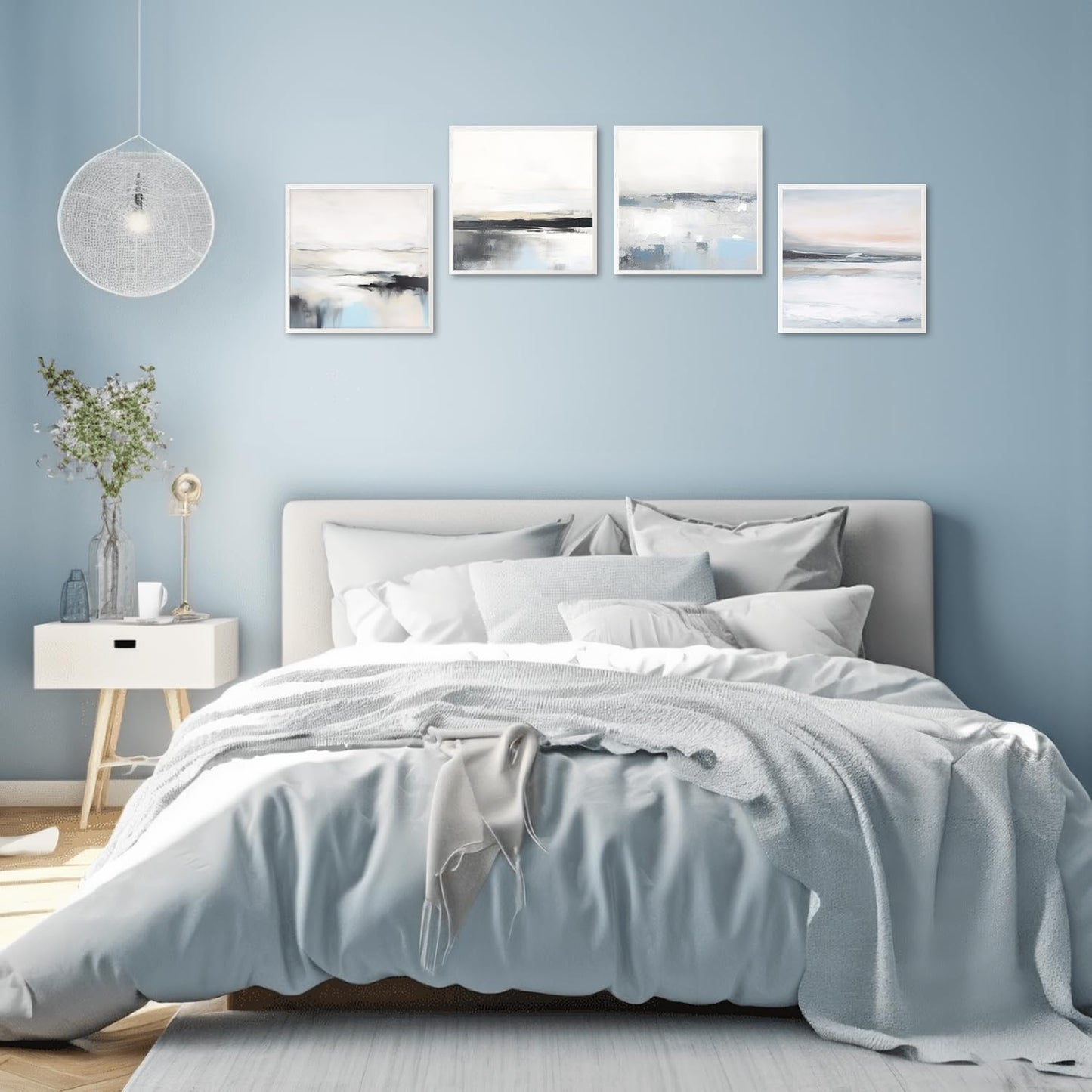 Dazzlewall Abstract Wall Decor Poster Modern White Blue Grey Wall Poster for Bedroom Living Room Decor 12x12 in Unframed Set of 4
